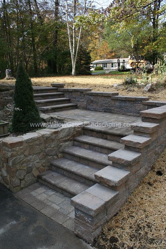 narvon walkway, concrete masonry, landscape, One of the most striking set of steps we have built Techo Bloc Mini Creta wall step risers smooth Chocolate Brown bullnose pavers and Hera pavers in Sandlewood and bordered with Chocolate Brown