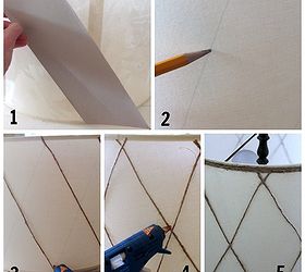 diy challenge drum shade makeover, crafts, The steps are pretty straightforward measure spacing mark and glue on diagonal lines of twine