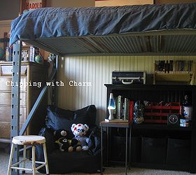 re purposed pallet racking to lofted bed little man cave, bedroom ideas, painted furniture, pallet, repurposing upcycling, The under side of the box was made with 2X4 s to hold the mattress