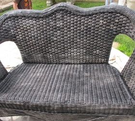 how to paint wicker furniture, painted furniture, Spray painted 3 coats of black semi gloss paint