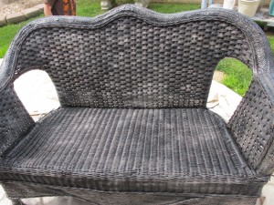 how to paint wicker furniture, painted furniture, Spray painted 3 coats of black semi gloss paint