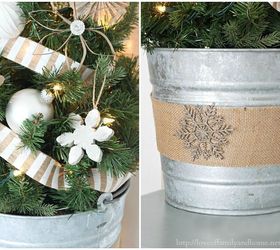 christmas vignette, seasonal holiday d cor, I decided that the tin bucket the tree was in needed a little sprucing so I added a strip of burlap to it hot glued a snowflake ornament on it for a little added bling
