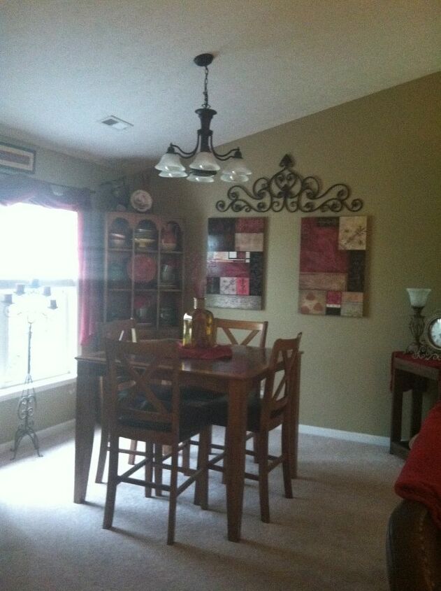 to paint or not to paint what color, painted furniture, The dining area showing the 2nd hutch in the corner opposite the other flanking the window gives u the idea of the pub table a Tuscan feel any ideas to paint or not if so what color