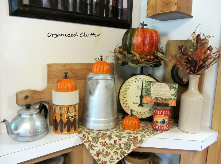 a fall kitchen vignette with jello mold re purposed pumpkins, repurposing upcycling, seasonal holiday d cor
