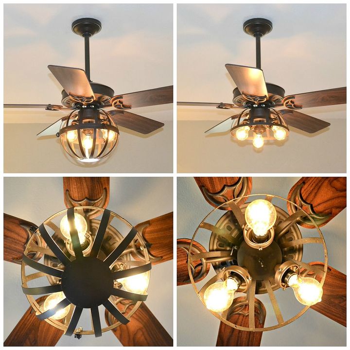 diy industrial ceiling fan with garden planter cage lights, home decor, lighting, repurposing upcycling