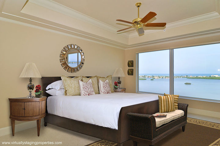 a condo in florida gets virtually staged as a more attractive master bedroom with a, real estate, Master Bedroom
