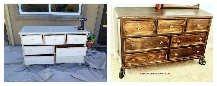 the best diy s upcycled furniture projects and tutorials by redoux, painted furniture, repurposing upcycling, I used an old Country Style Broyhill dresser that was a free to me Stripped and stained it using a mottled stain method Added Vintage Reproduction Casters and knobs Completely new look