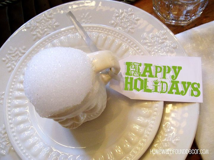 holiday decorating with snowonder, seasonal holiday decor, SnoWonder scooped inside of a white Santa mug at each placesetting