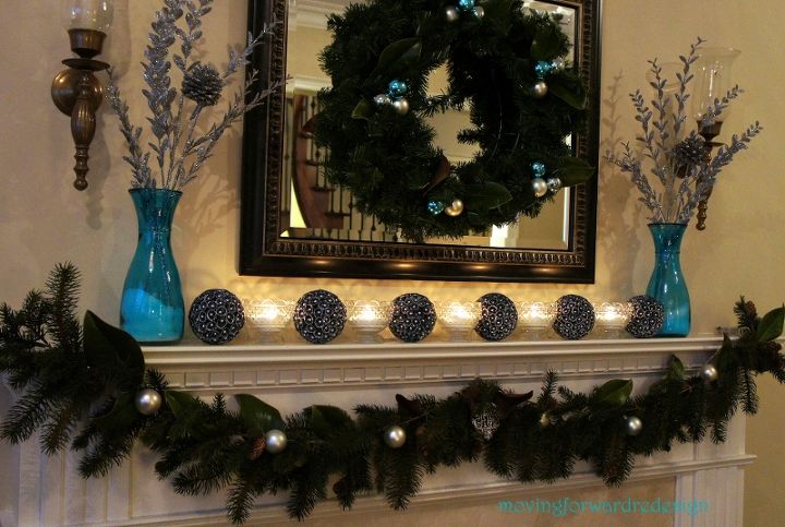 blue christmas mantel and family room decor, christmas decorations, seasonal holiday decor, wreaths, A wreath garland candles and ornaments keeping it simple