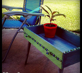 repurposed dresser drawer into baubled patio table, painted furniture, repurposing upcycling, Turn an old drawer into a handy patio table
