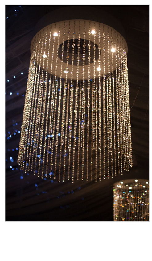 swarovski style chandelier diy, diy, how to, lighting, Pot lights mounted into the base of the wooden frame shine on the gem strings for a glittery display