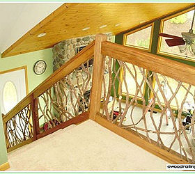 use repurposed mountain laurel wood as porch railings, curb appeal, decks, porches, repurposing upcycling, woodworking projects, Natural wood cut railings make an interior stairwell unique