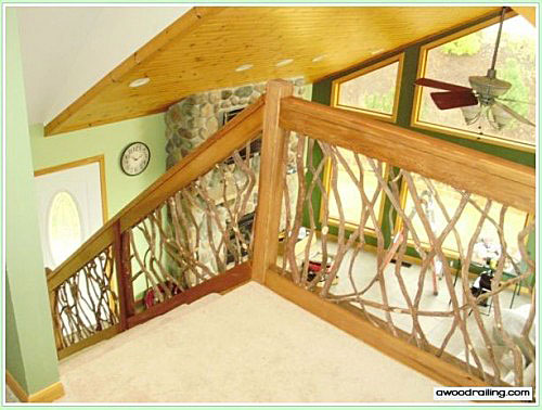 use repurposed mountain laurel wood as porch railings, curb appeal, decks, porches, repurposing upcycling, woodworking projects, Natural wood cut railings make an interior stairwell unique