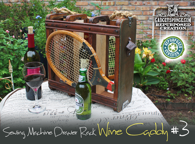 wine caddy made by repurposing sewing machine drawer racks, repurposing upcycling, I created this repurposed wine caddy with vintage tennis racquets beer or soda bottle openers and a lot of custom woodwork by GadgetSponge com