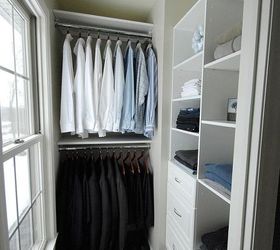 men s master closet renovation, closet, shelving ideas, We built most of the shelves ourselves using melamine covered boards and furring strips where necessary