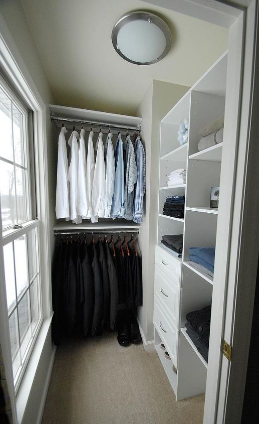 men s master closet renovation, closet, shelving ideas, We built most of the shelves ourselves using melamine covered boards and furring strips where necessary