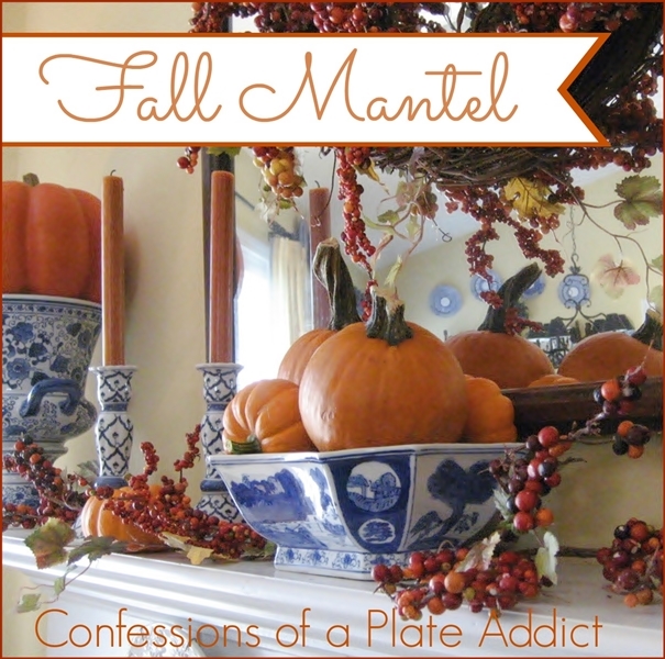 my fall mantel blue white with bittersweet and pumpkins, seasonal holiday d cor, wreaths, I combined blue and white chinoiserie with pumpkins and faux bittersweet for a different look on my fall mantel