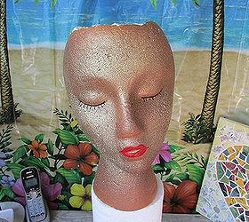 styrofoam garden pot stake, crafts, gardening, repurposing upcycling, Spray paint face paint eye lashes and lips Carve out top of head