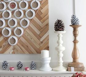 valentine mantel, fireplaces mantels, seasonal holiday d cor, valentines day ideas, A very economical heart art made out of shims and coffee lids
