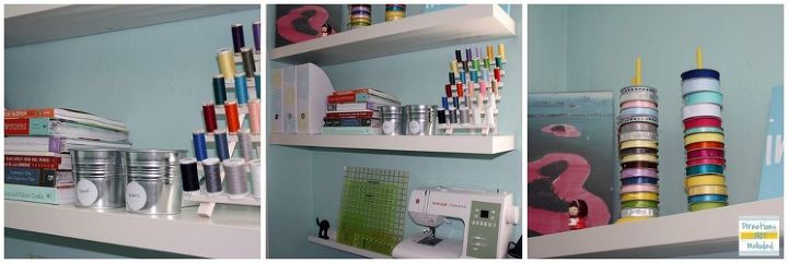 craft room simple spacious and all diy on the cheap, craft rooms, home decor, shelving ideas, storage ideas, Extra storage looks great with shelves and picture ledges to keep items off the tables