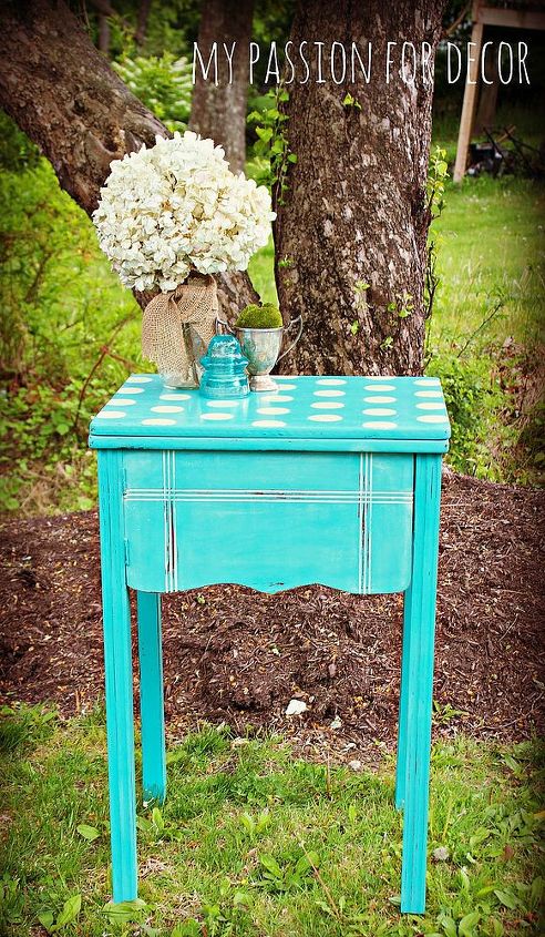 ugly sewing cabinet turned polka dot beauty, painted furniture, Sewing table transformation in Chalk Paint by Annie Sloan in Provence and Cream The top is a stencil by Cutting Edge Stencils