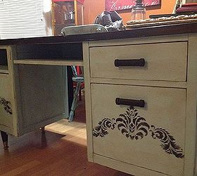 craigslist office desk makeover, chalk paint, craft rooms, home office, painted furniture, Added stencils to the doors and waxed it with Fiddle Sons Dark wax