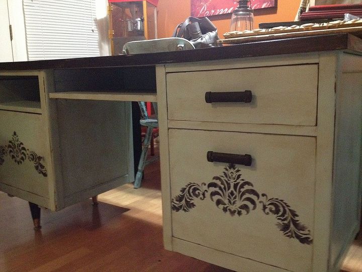 craigslist office desk makeover, chalk paint, craft rooms, home office, painted furniture, Added stencils to the doors and waxed it with Fiddle Sons Dark wax