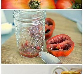 how to save heirloom tomato seeds, gardening, Step 2 scoop the guts into a jar Fill with 1 4 cup water and leave to ferment in a warm place