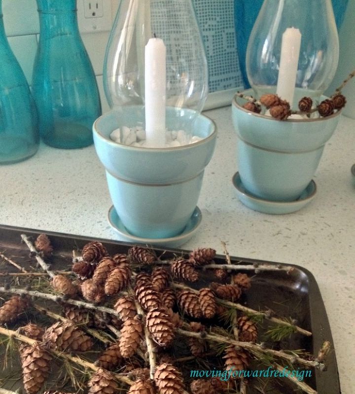glass chimney candle holders, christmas decorations, repurposing upcycling, seasonal holiday decor, Embellished with small pinecones that I baked to get bugs out