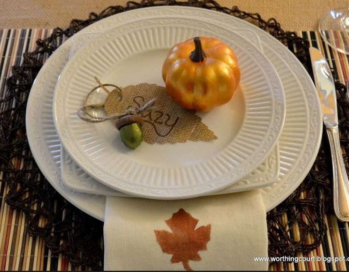 thanksgiving tablescape, seasonal holiday d cor, thanksgiving decorations, Place card made with burlap look scrapbook paper some twine and a painted acorn