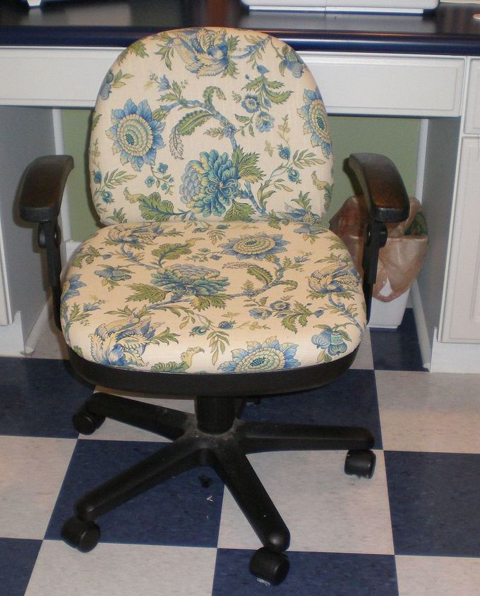 you can recover an old office chair, painted furniture, Get to work just tuck the fabric in around the frame Almost instant update