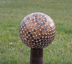 bowling ball gazing balls, gardening, pennies all heads up the clear coat really makes this sparkle in the sunshine