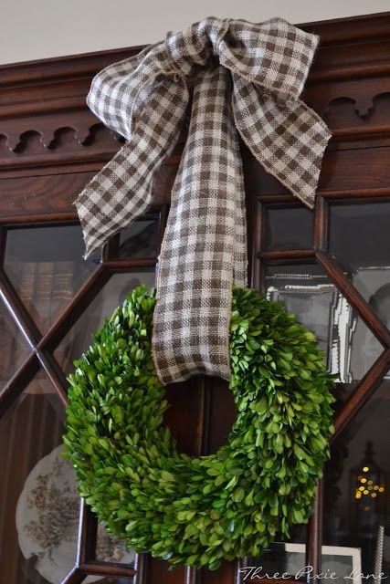 a farmhouse christmas, seasonal holiday d cor, Boxwood wreaths hung from gingham ribbons