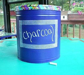 upcycled popcorn tin into charcoal bin, chalkboard paint, crafts, repurposing upcycling, Write or draw on it