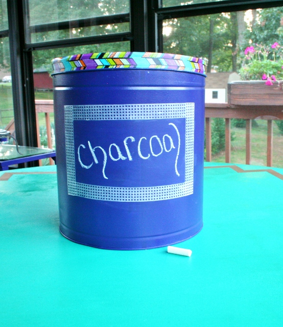 upcycled popcorn tin into charcoal bin, chalkboard paint, crafts, repurposing upcycling, Write or draw on it