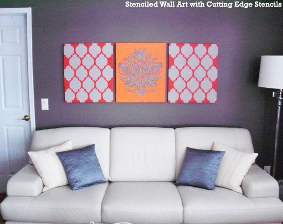 home decorating idea stenciled wall art, home decor, painting, wall decor, Casablanca and Gabi s Brocade Stenciled Canvases