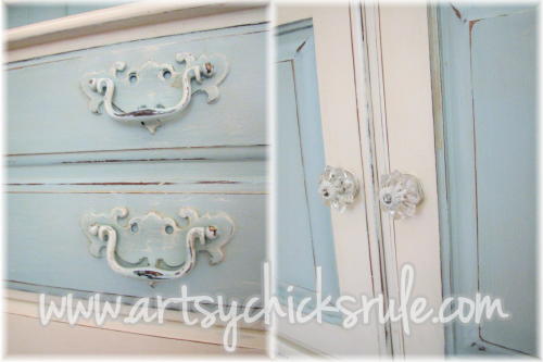 dated 70 s hutch transformed into a coastal shabby treasure, chalk paint, painted furniture, Painted and distressed with matching painted hardware and new glass knobs