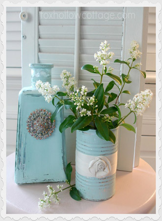 going green eco friendly decor choices, go green, home decor, Glass bottle and tin can repurposed foxhollowcottage com