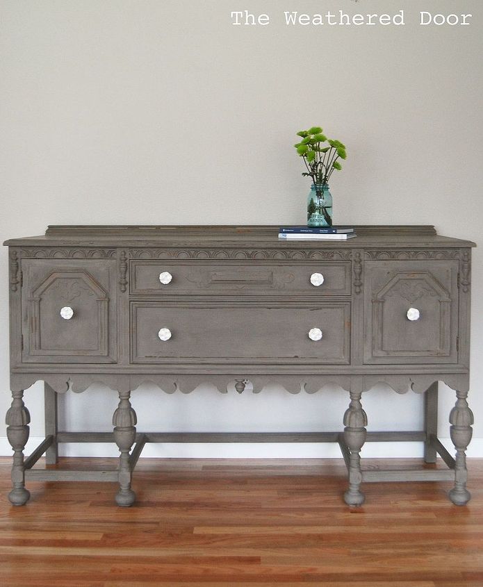 a driftwood buffet with white knobs, painted furniture, The Weathered Door A Driftwood Buffet with White Knobs