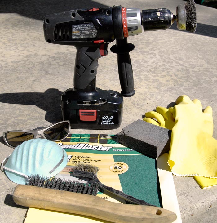 patio dance i m diying my set for 150, diy, painted furniture, Here are the tools I used to get the paint off Personal protective equipment is key with this project unless you want rusty paint chips in your eyes and nose