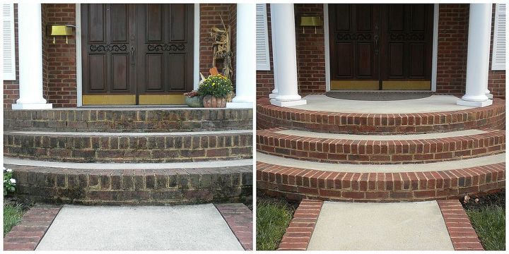before and after power washing brick, cleaning tips, concrete masonry, curb appeal, home maintenance repairs, Front porch Before After Power Washing water only
