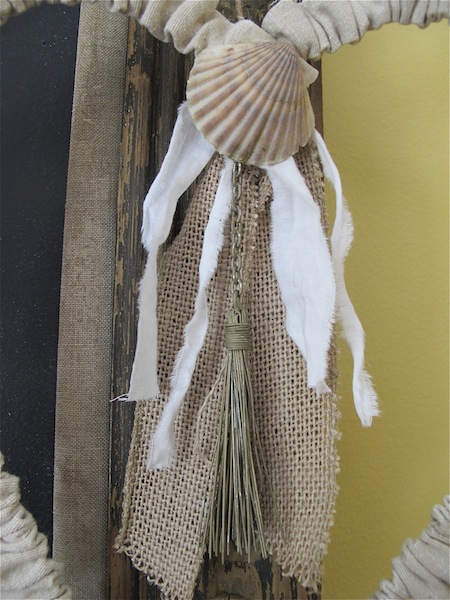 project make a heart from a wire hanger tutorial mysoulfulhome com, crafts, All the details burlap ribbon a linen strip a tassel from an old shelf a shell