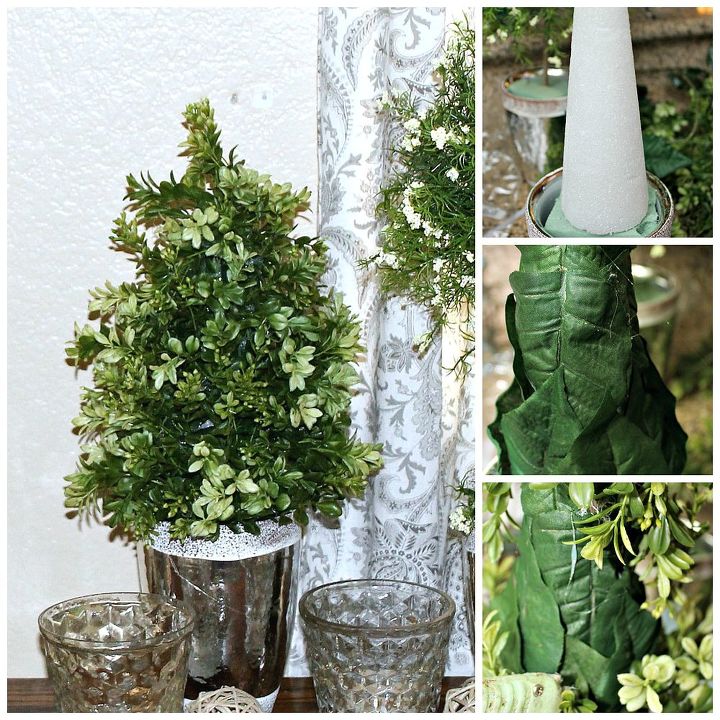 how to make topiaries homecraft, crafts, gardening, home decor, Boxwood Cone Topiary to cove the white cone instead of paint I used left over silk leaves