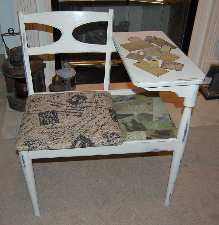 before amp after makeover for antique gossip bench chair, painted furniture, shabby chic, AFTER Painted with ASCP Old White distressed Sealed with Annie Sloan s clear wax Seat covered in French theme burlap Decoupaged French postcards notes tags