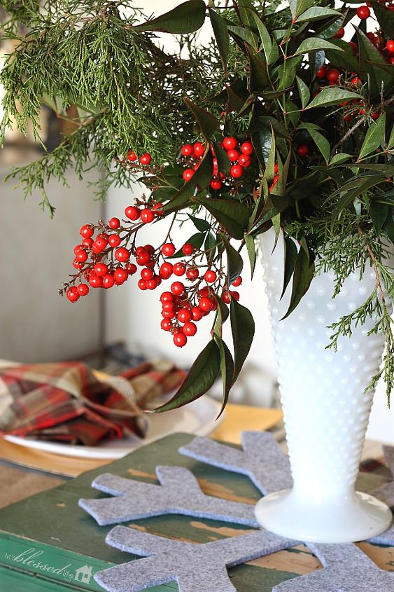 woodsy glam christmas home tour, christmas decorations, seasonal holiday decor, wreaths, I used my Memaw s old green silver chest She used it for stationery to give height to the centerpiece A white hobnail vase with fresh free cuttings of greenery and berries is just perfect