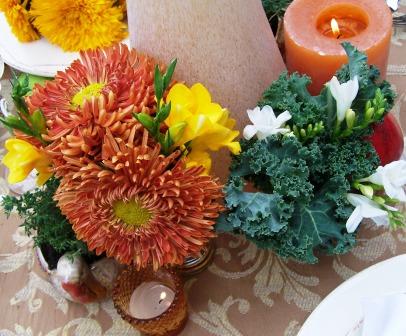 autumn tablescape, seasonal holiday decor, Greens yes that is kale and simple blooms in autumn colors add interest