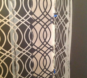 closet makeover into glam dressing room stenciled feature wall, home decor, paint colors, painting, wall decor, Stenciling the corner Cross eyed yet