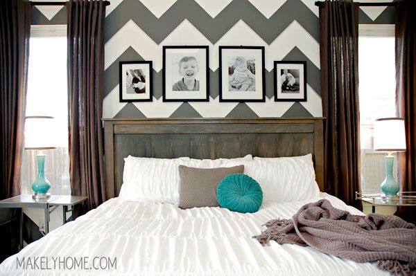 master bedroom chevron wall, bedroom ideas, home decor, painting, Master Bedroom Chevron Accent Wall via Makely Home