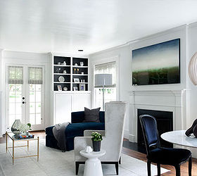 morph white walls from pale into interesting, home decor, painting, wall decor, Blue and white are a classic decorating color scheme The book case balances out the white walls by painting the bookcase shelves in dark blue