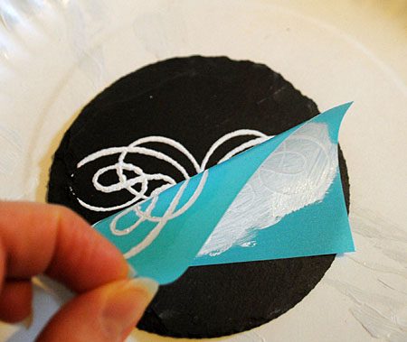 make some faux chalk art coasters, chalk paint, crafts, Step 3 Peel off the silkscreen right away and wash it out so that you can reuse it